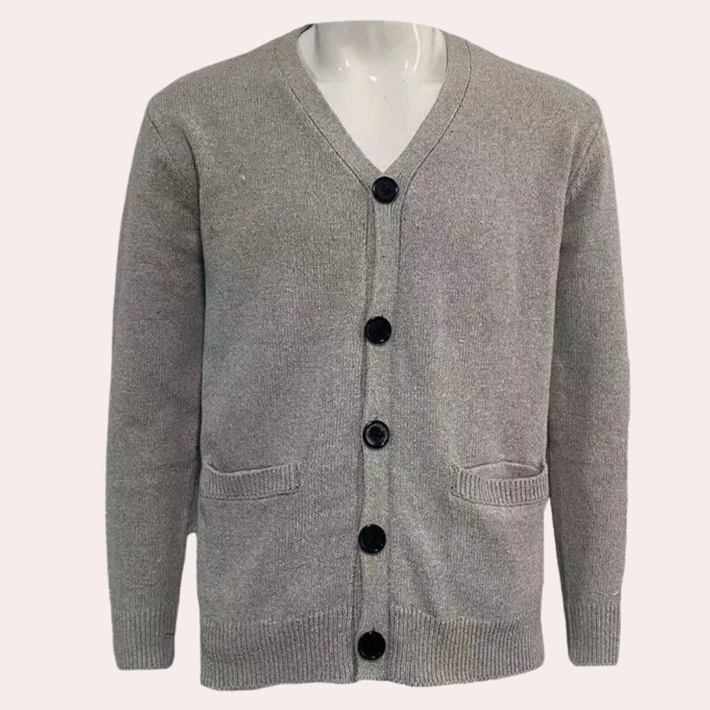 Stilfull herre V-hals cardigan med knapper for jobb, fritid og hverdag. Komfortabel strikkejakke.