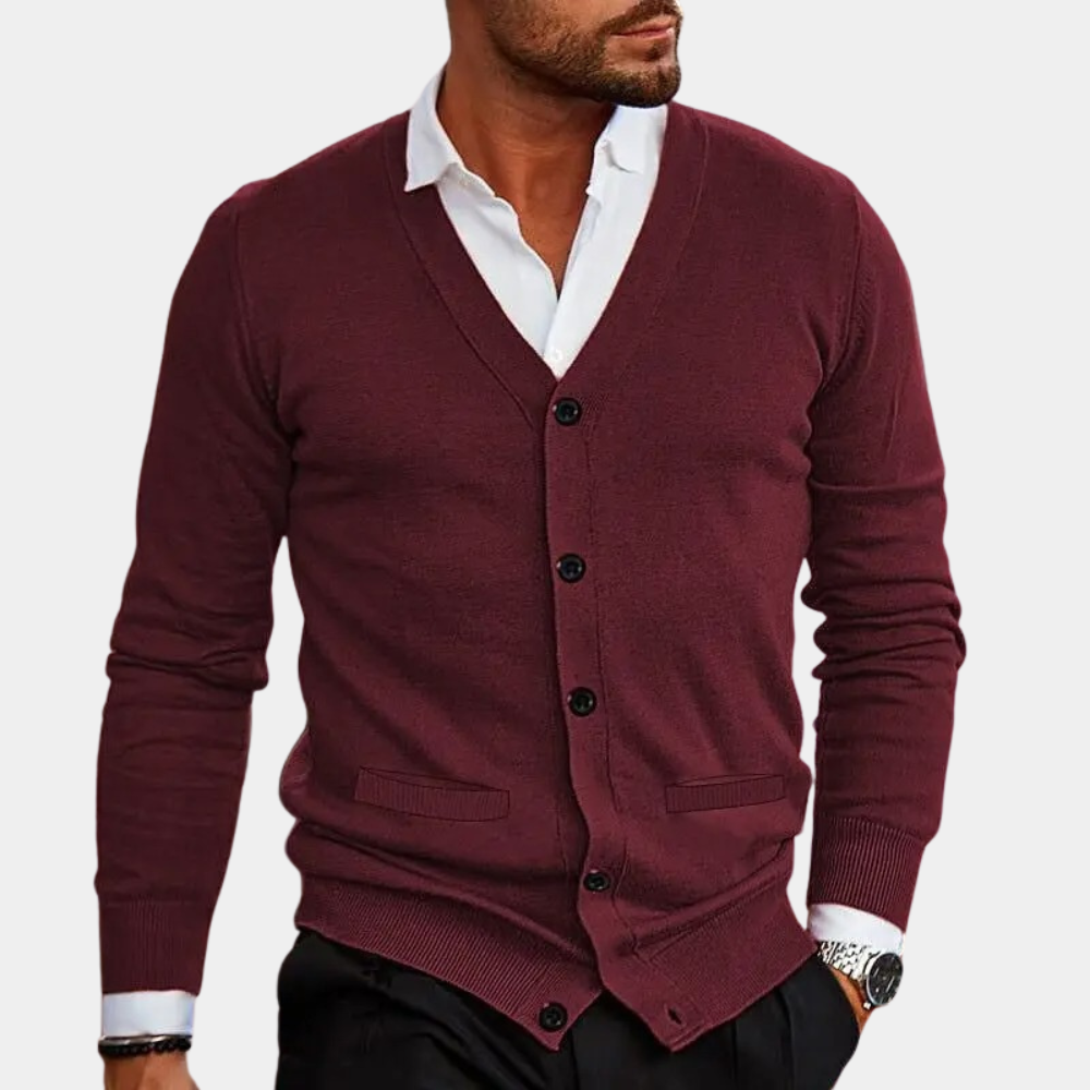 Komfortabel herre V-hals cardigan jakke med knapper. Perfekt som stilfull og varm strikkejakke.