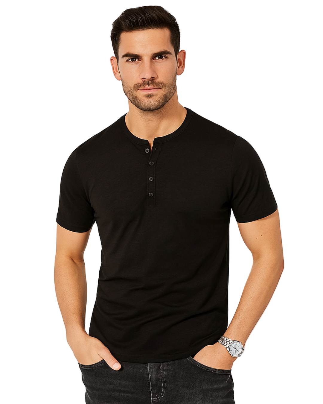 Herres Henley skjorte, kortermet, casual og stilfull for sommerbruk. Komfortabel fritidsskjorte med multiknapper.