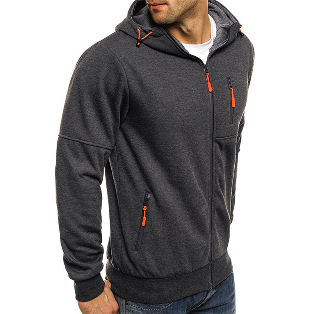 Komfortabel herresweater med glidelås og hette, flerfarget design for hverdagsbruk.