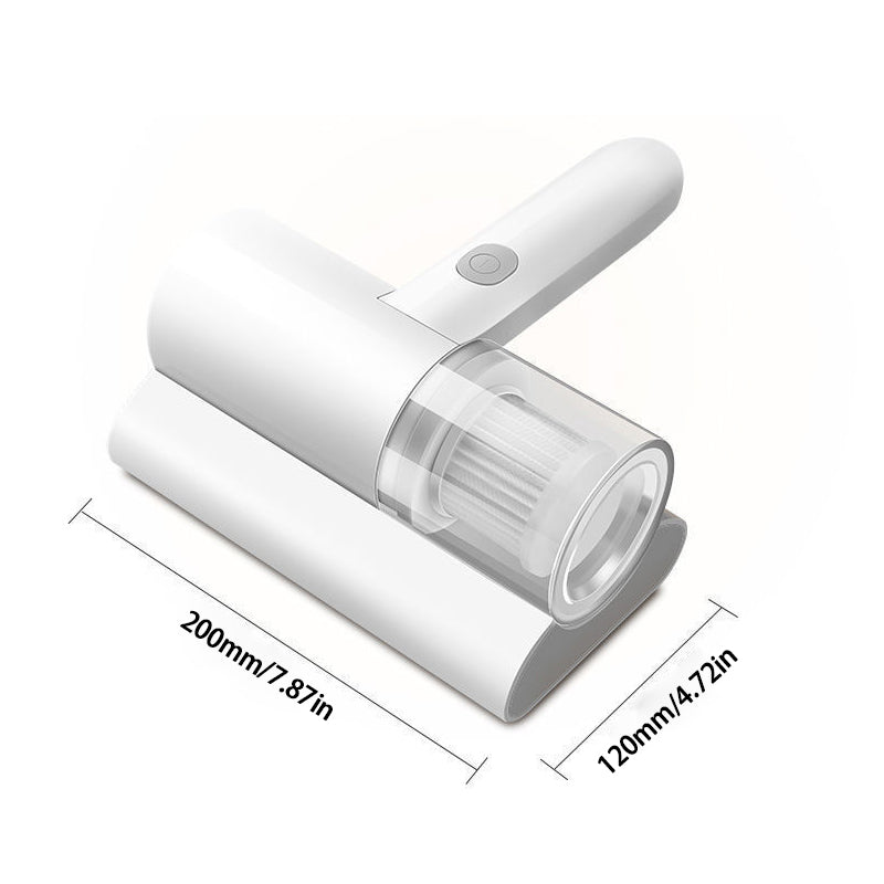 "Høyfrekvent madrass støvsuger: hvit, kompakt design med glatt finish. Med HEPA-filter og kraftig sugeevne for middfjerning."