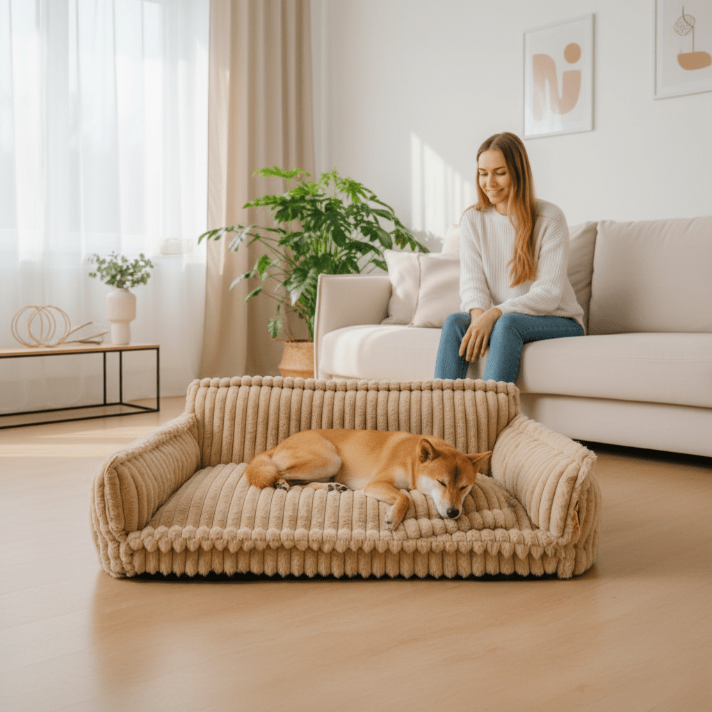 Koselig hundesofa designet for dyp hvile. Hevet kant gir trygghet og støtte til kjæledyret.