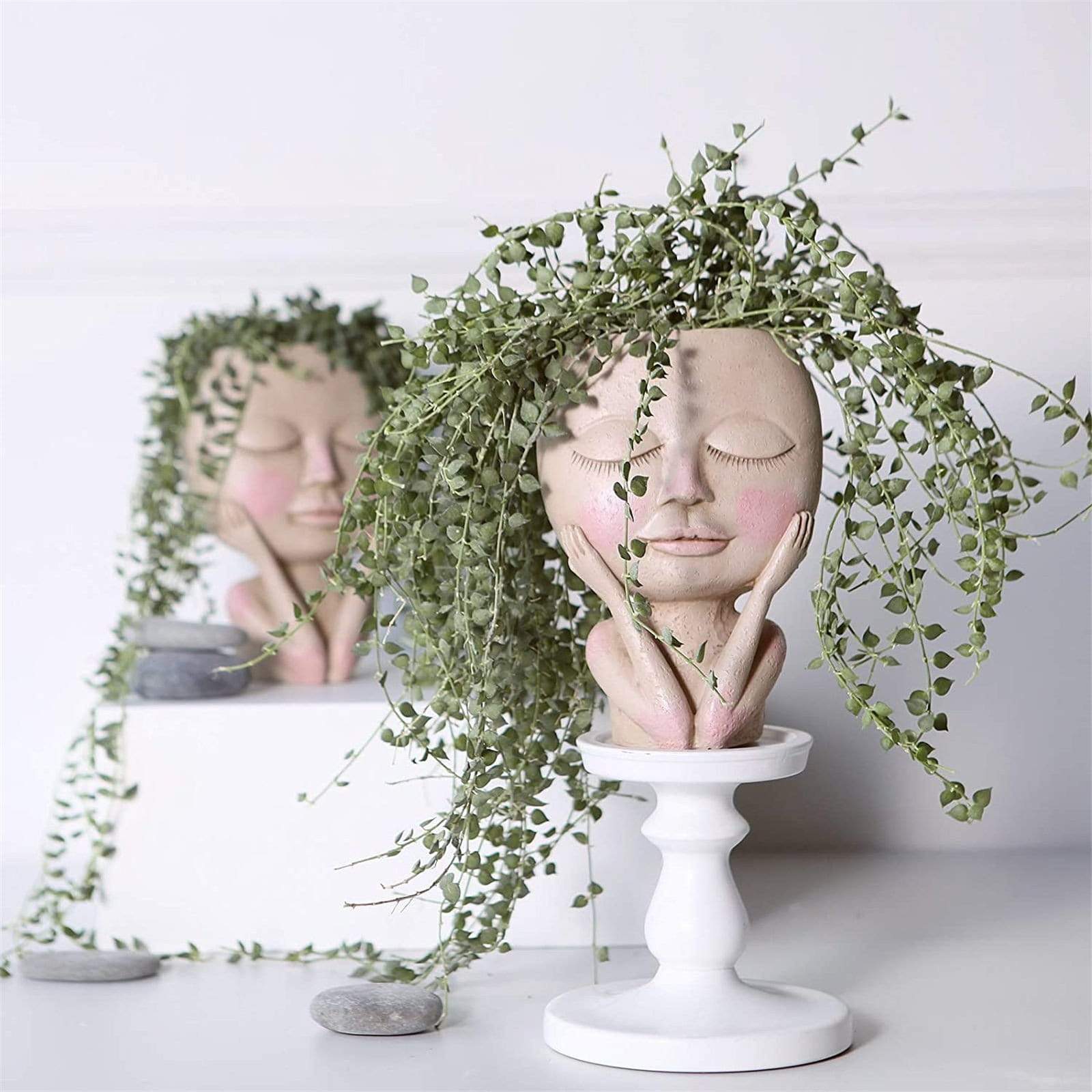 Stilig blomsterpotte i ansiktsform, hvit overflate, ideell gaveidé