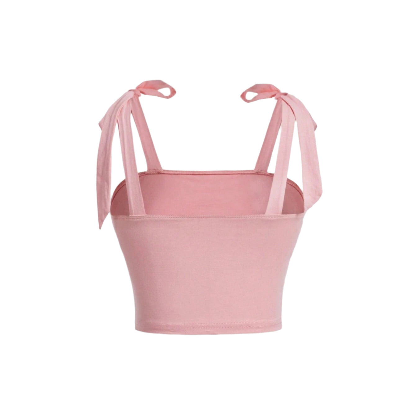 Modell iført rosa dame crop top med rysjer og bindeskuldre. Stilig og luftig sommertopp for enhver anledning.