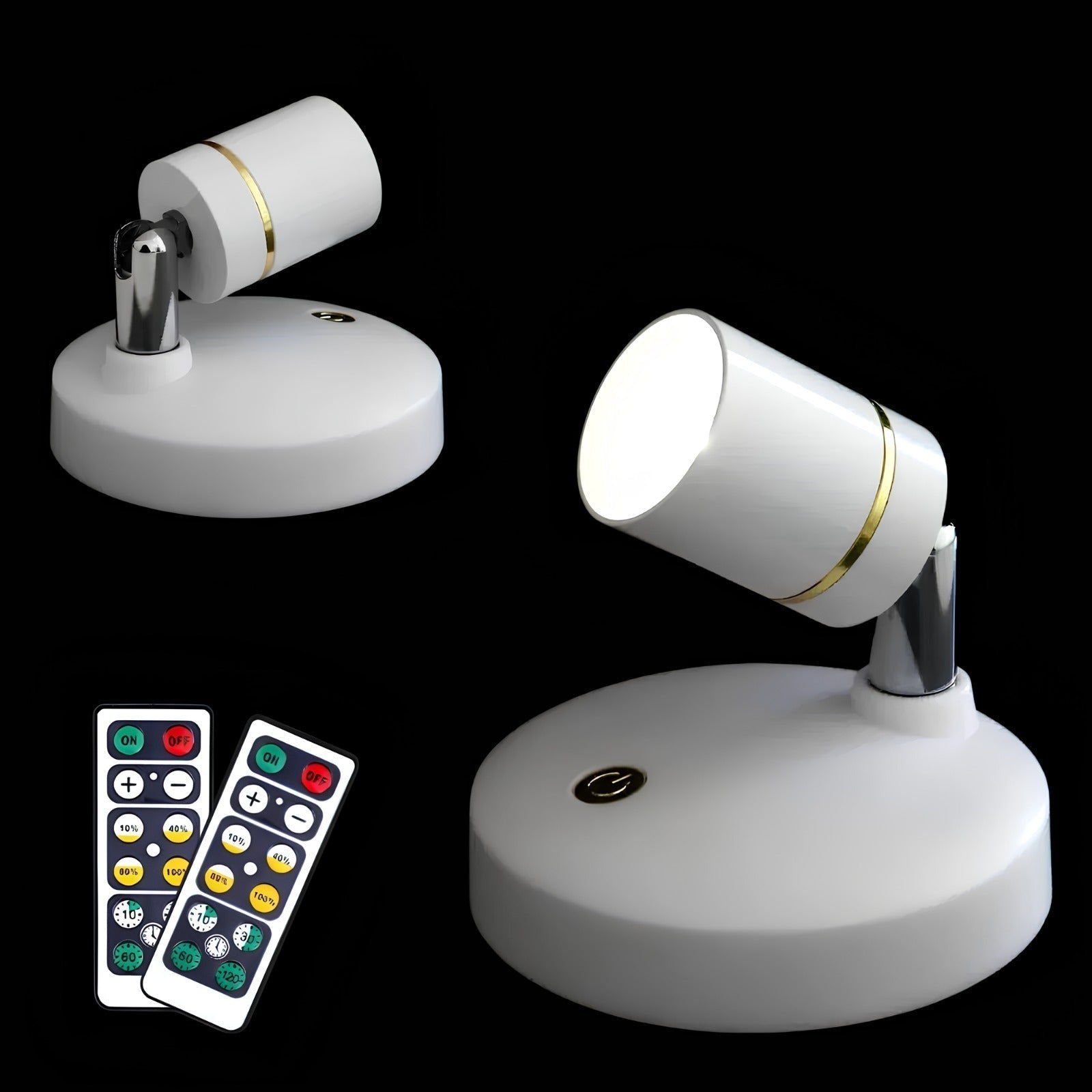 Hvit trådløs LED-spotlight for fleksibel interiørbelysning. Kompakt design, enkel å plassere.