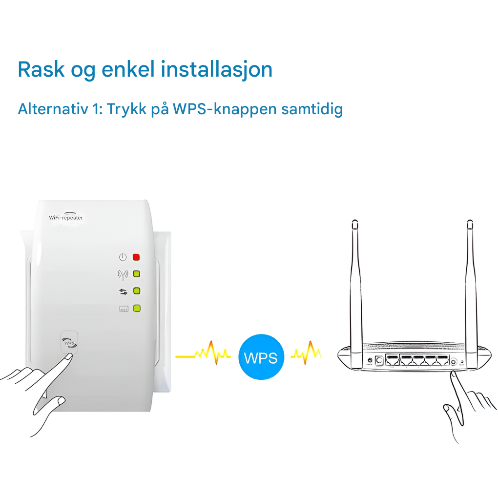 "Hvit trådløs WiFi-signalforsterker med kompakt design for stabil Internett-tilkobling i hjemmet."