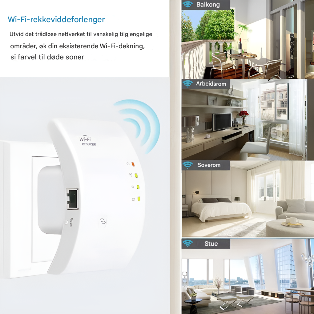 "Hvit trådløs WiFi-signalforsterker med kompakt design for stabil Internett-tilkobling i hjemmet."