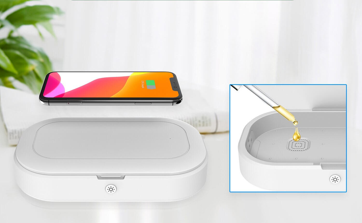 Moderne UV-sterilisator for desinfeksjon av mobiltelefoner og små elektroniske gjenstander, inkluderer trådløs lading.