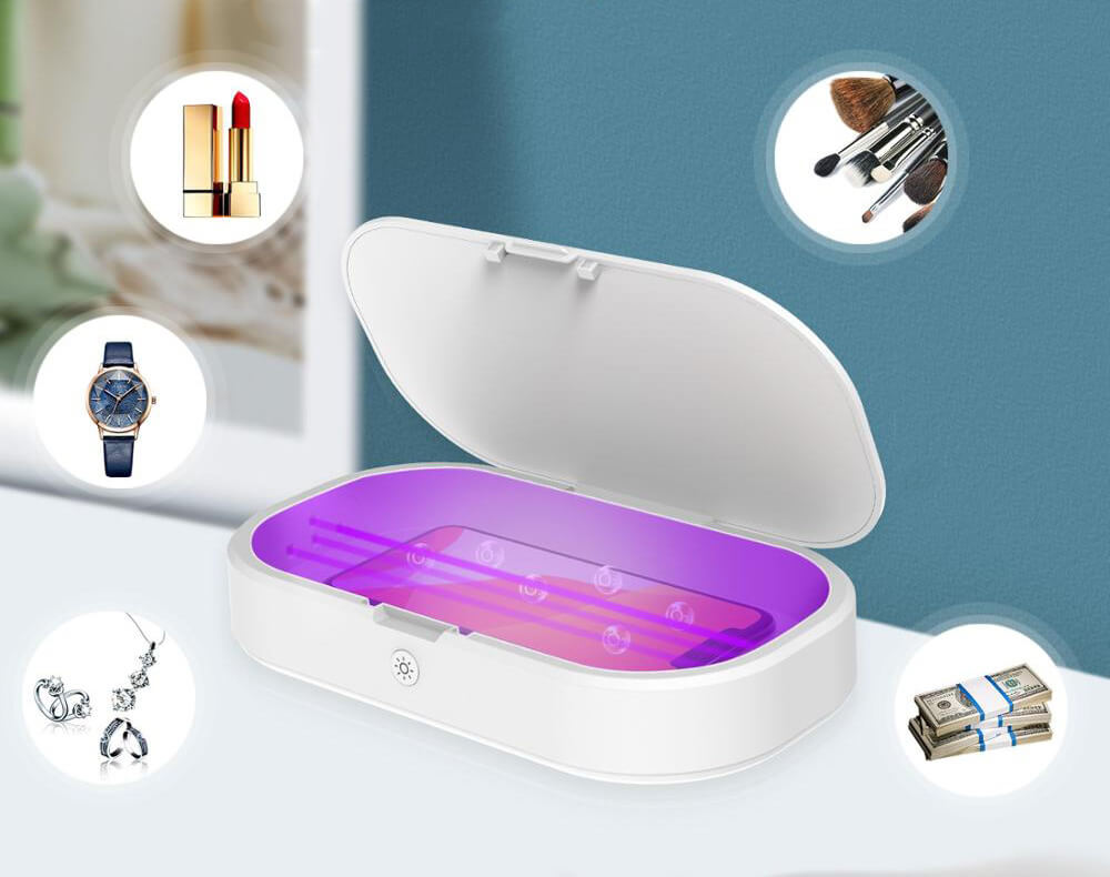 Multifunksjonell UV-sterilisator som effektivt dreper bakterier, renser mobiltelefoner og lader trådløst for optimal hygiene.