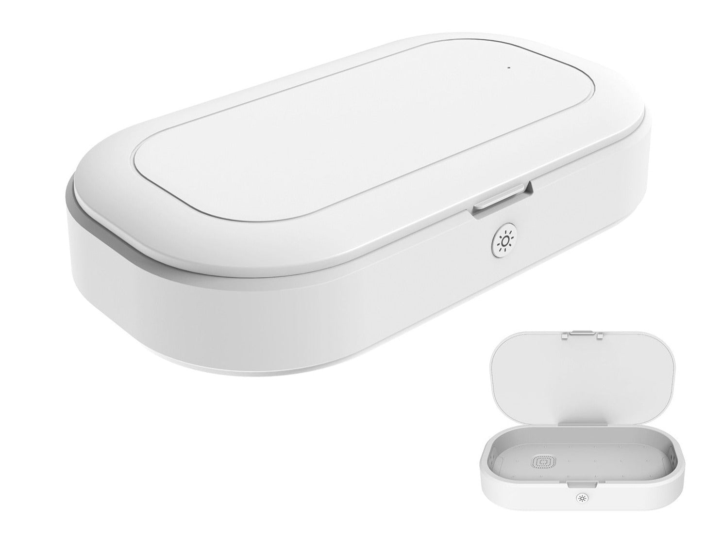 Stilig UV-sterilisatorboks med trådløs lader for smarttelefoner, sikrer desinfeksjon og batterilading i ett.