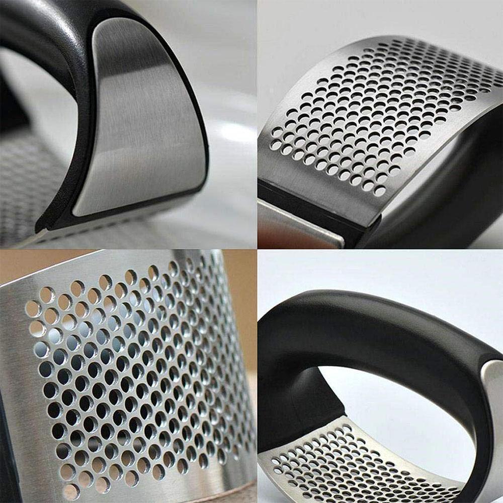 "Hvitløkpress i rustfritt stål med ergonomisk håndtak, skinnende overflate og enkel rengjøring for effektiv matlaging."