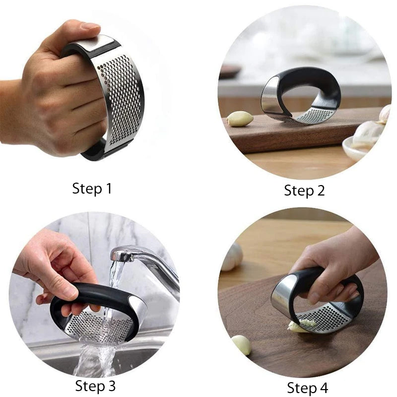 "Hvitløkpress i rustfritt stål med ergonomisk håndtak, skinnende overflate og enkel rengjøring for effektiv matlaging."
