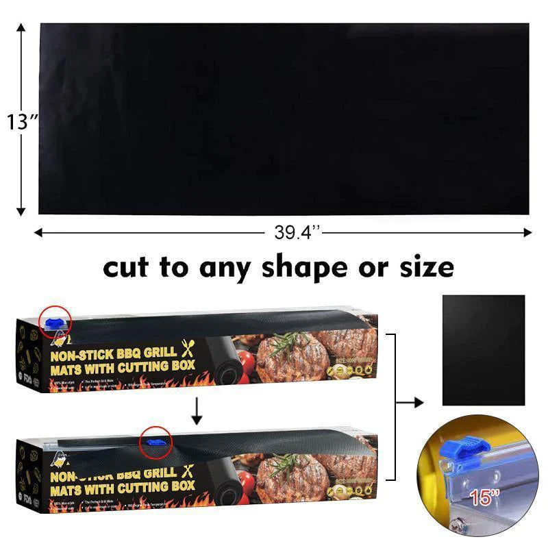 Ikke klebende grillmatte med slitesterk, svart overflate. Ideell for ren grilling, hindrer at mat faller gjennom risten.