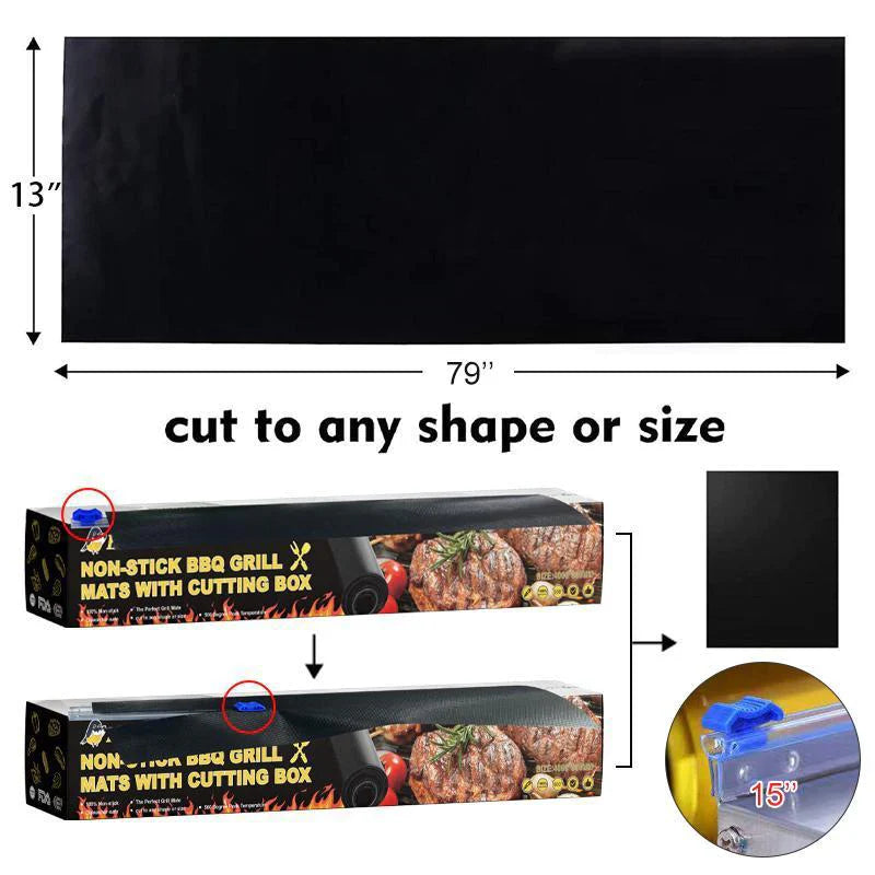 Ikke klebende grillmatte med slitesterk, svart overflate. Ideell for ren grilling, hindrer at mat faller gjennom risten.