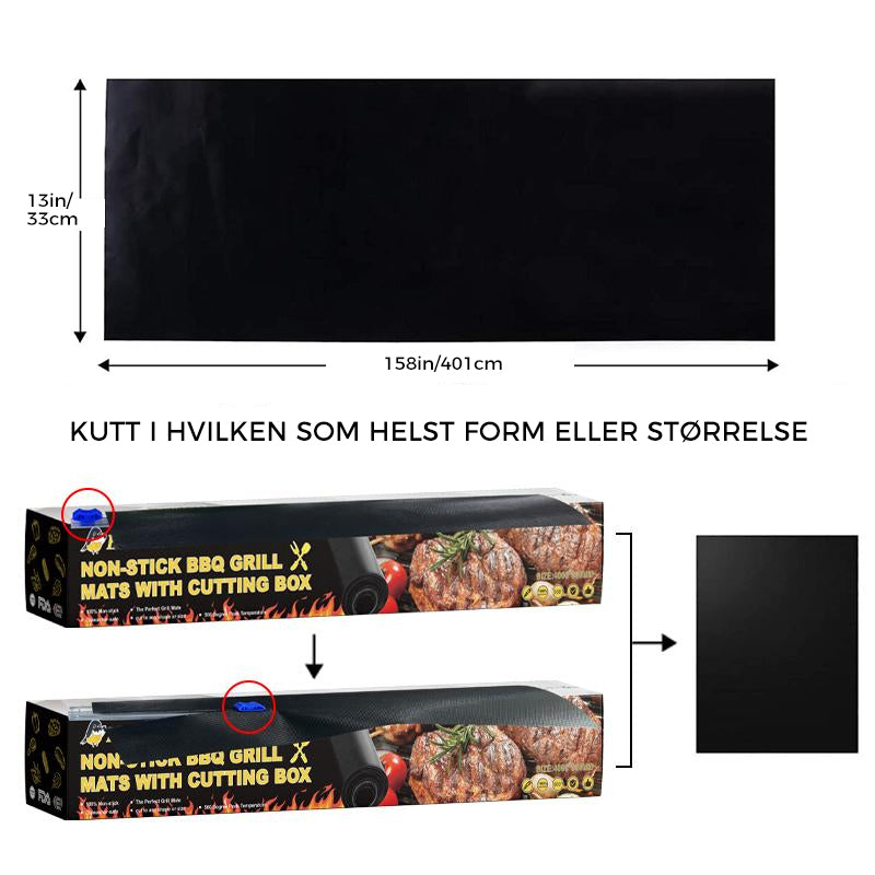 Ikke klebende grillmatte med slitesterk, svart overflate. Ideell for ren grilling, hindrer at mat faller gjennom risten.
