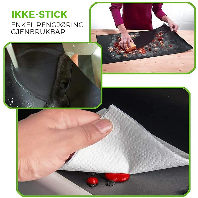 Ikke klebende grillmatte med slitesterk, svart overflate. Ideell for ren grilling, hindrer at mat faller gjennom risten.