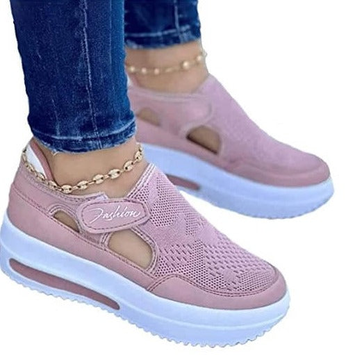 Image of Dame Pustende Mesh Joggesko i beige, lettvekt komfortsko for kvinner, slippĂĄ fritidssko.