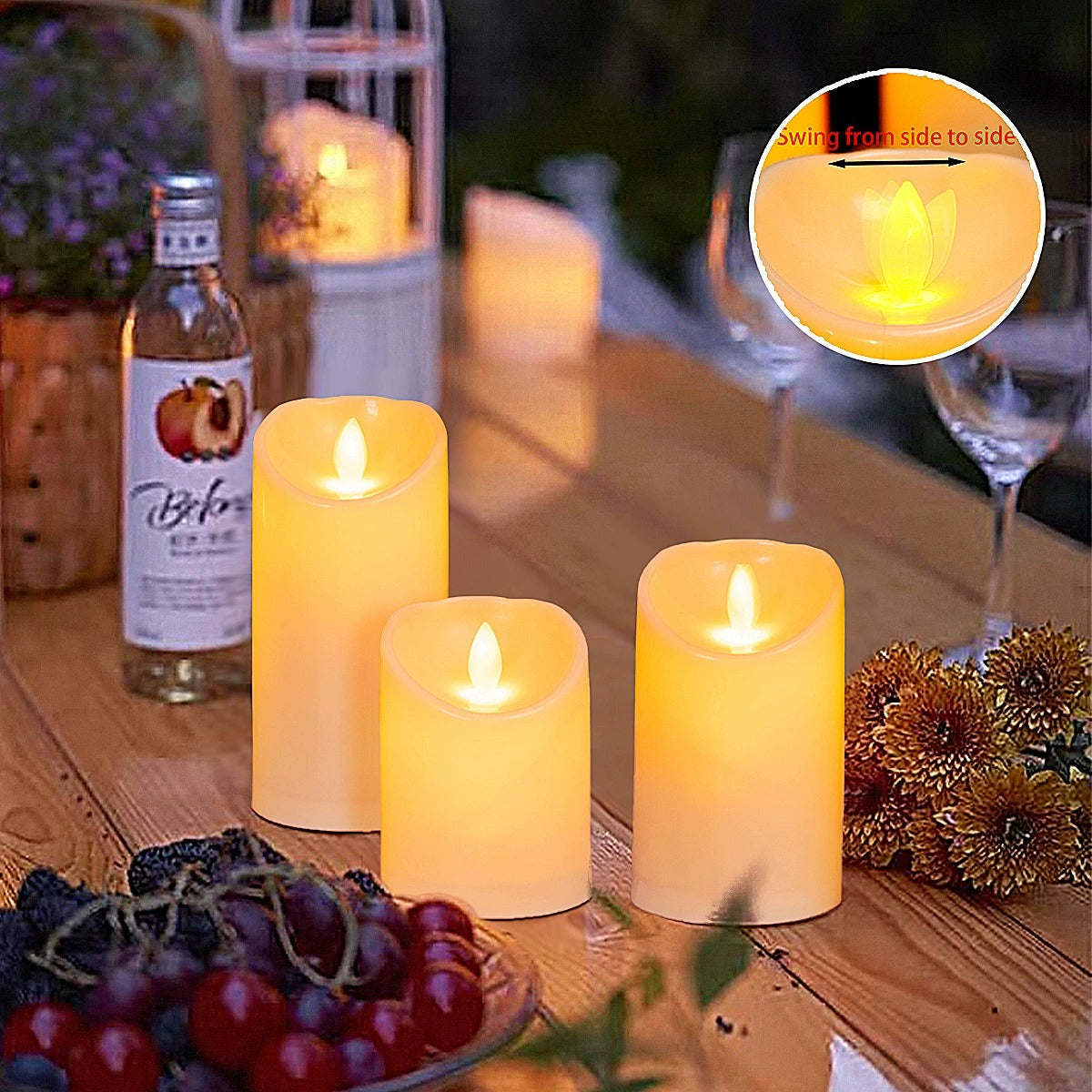 LED Block Candles Set - 3 Pcs. - 3D Flame - Multiple Colors