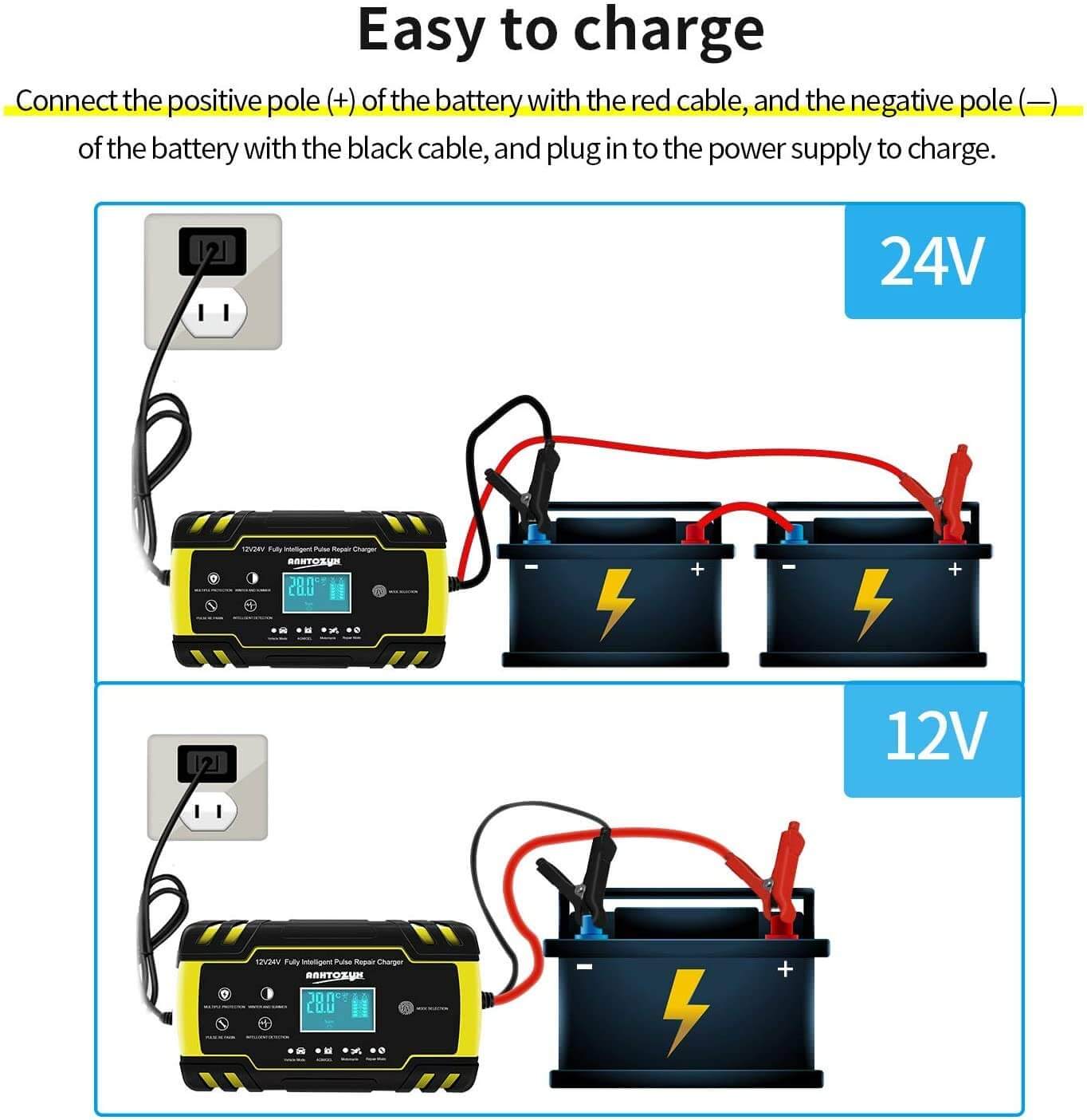 Intelligent 12V/24V batterilader med LCD touchskjerm, avanserte sikkerhetsfunksjoner og slankt design for kjøretøy.