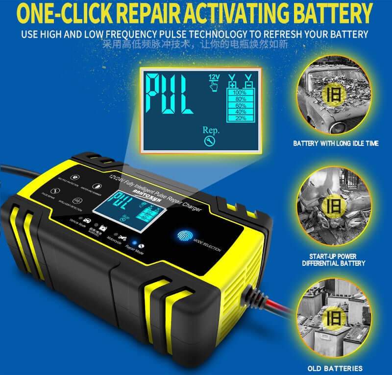 Intelligent 12V/24V batterilader med LCD touchskjerm, avanserte sikkerhetsfunksjoner og slankt design for kjøretøy.