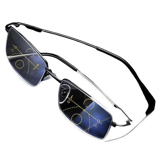 Intelligente progressive briller, unisex, med moderne innfatning og antirefleksglass for klarere syn.