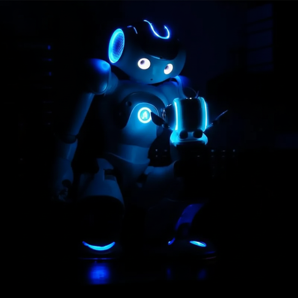 Nærbilde av interaktiv læringsrobot som viser detaljer om programmerbar funksjon, hvit og blå design.