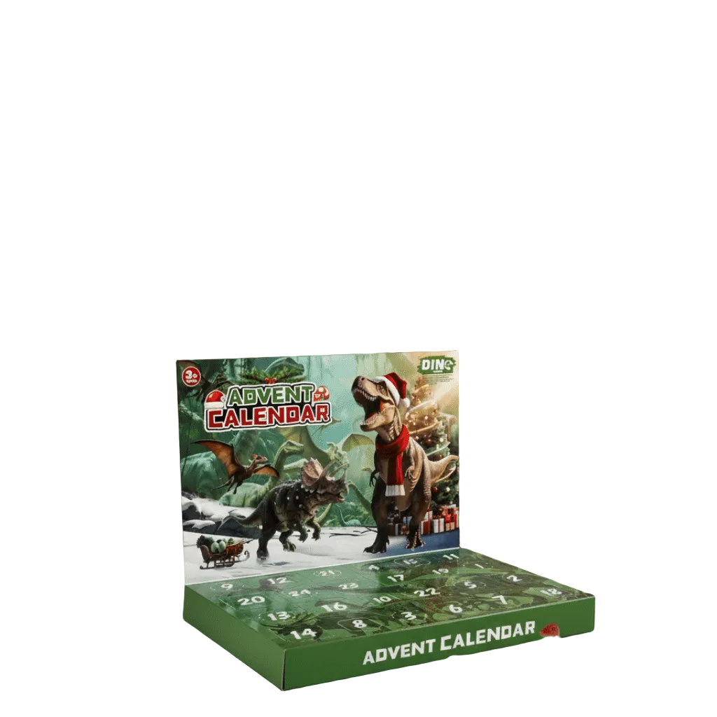 Detaljert illustrasjon på julekalenderen med dinosaurmotiv og snø, skaper julestemning for små eventyrere