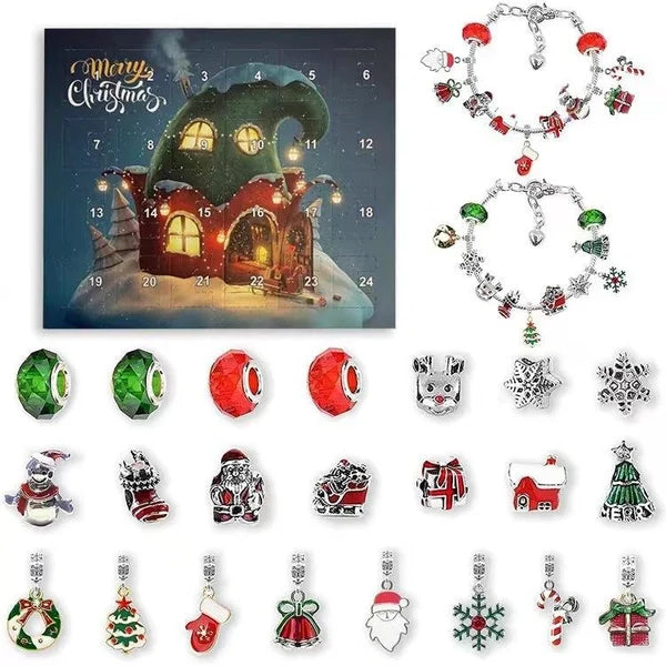 "Julekalender med armbåndsett: 24 dagers nedtelling, inkluderer perler og anheng for å lage et unikt, personlig armbånd."