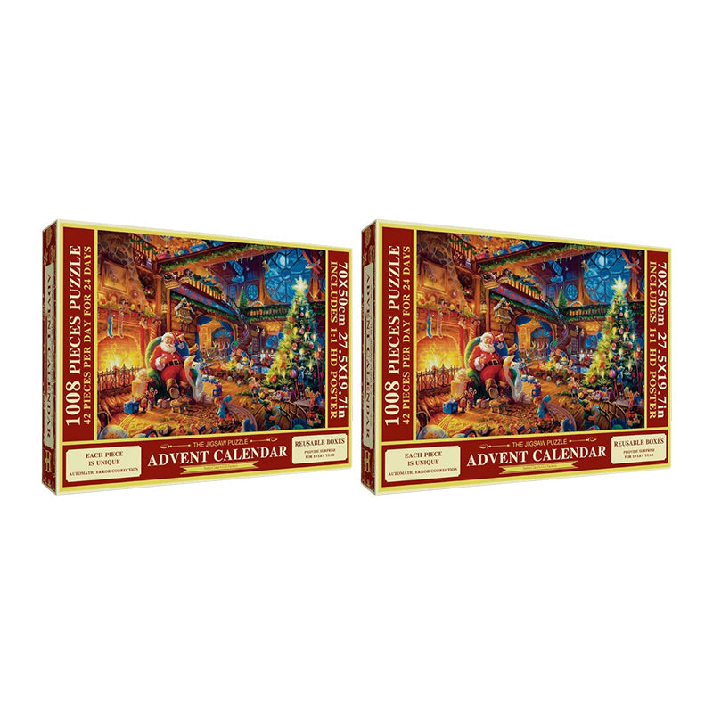 "Julepuslespill Adventskalender, 24-dagers nedtelling med fargerike puslespillbiter i esker, perfekt for familien."