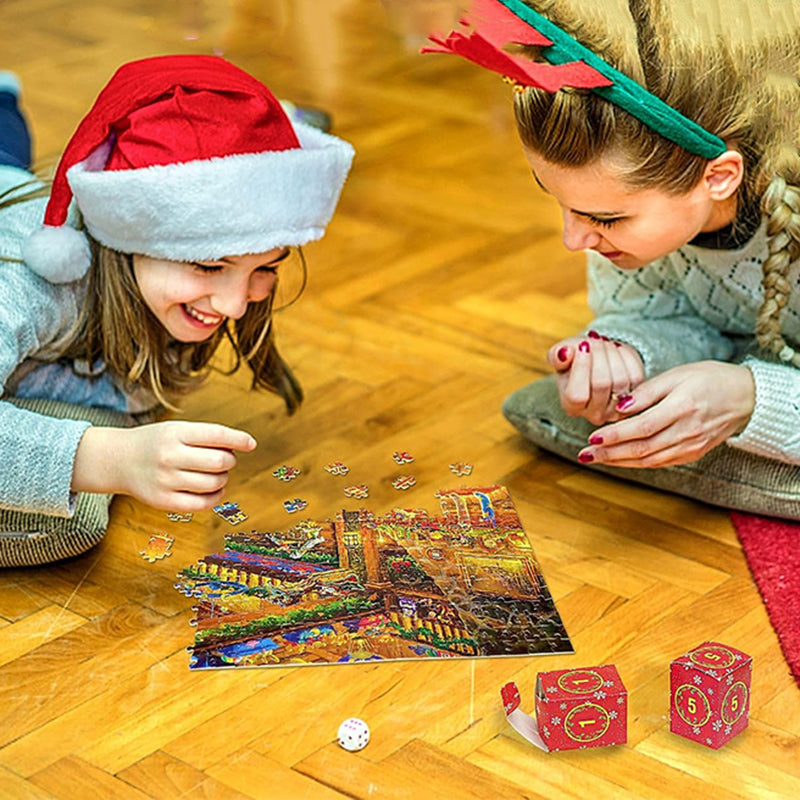 "Julepuslespill Adventskalender, 24-dagers nedtelling med fargerike puslespillbiter i esker, perfekt for familien."