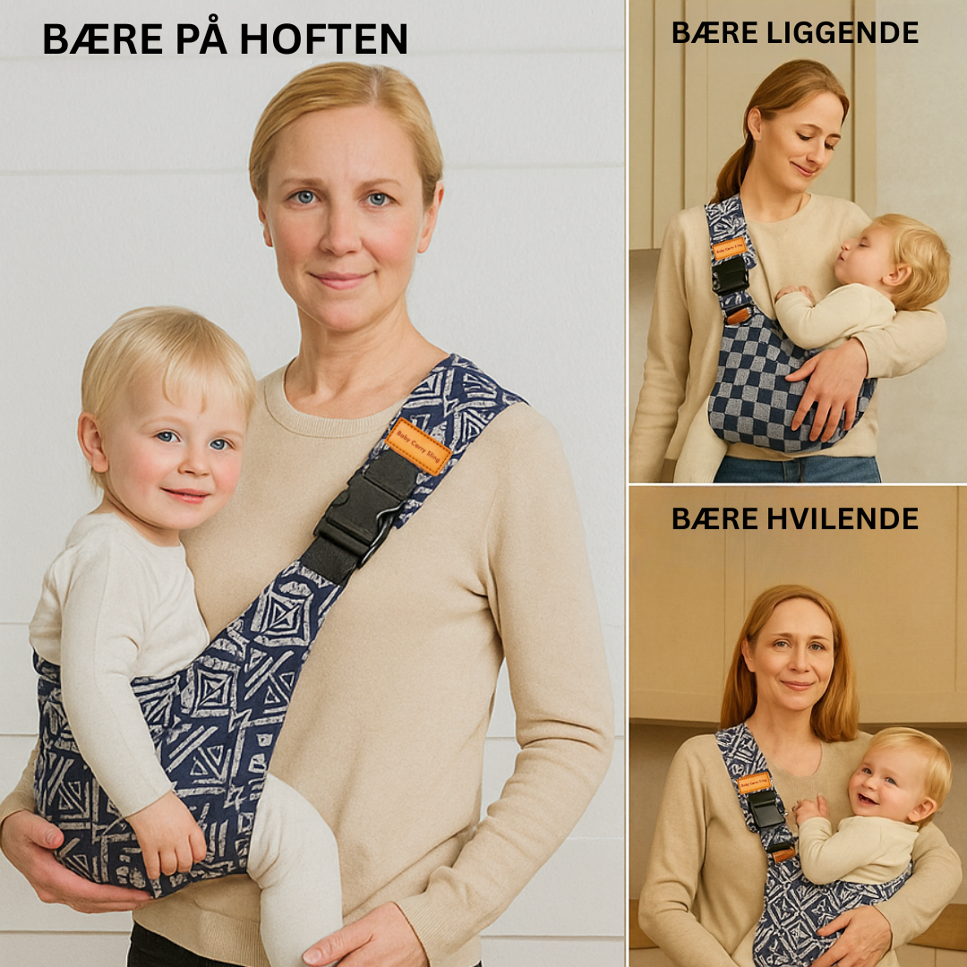 "Justerbar bæreslynge i pustende materiale for komfortabel bærehjelp av baby, med ergonomisk design og praktisk passform."