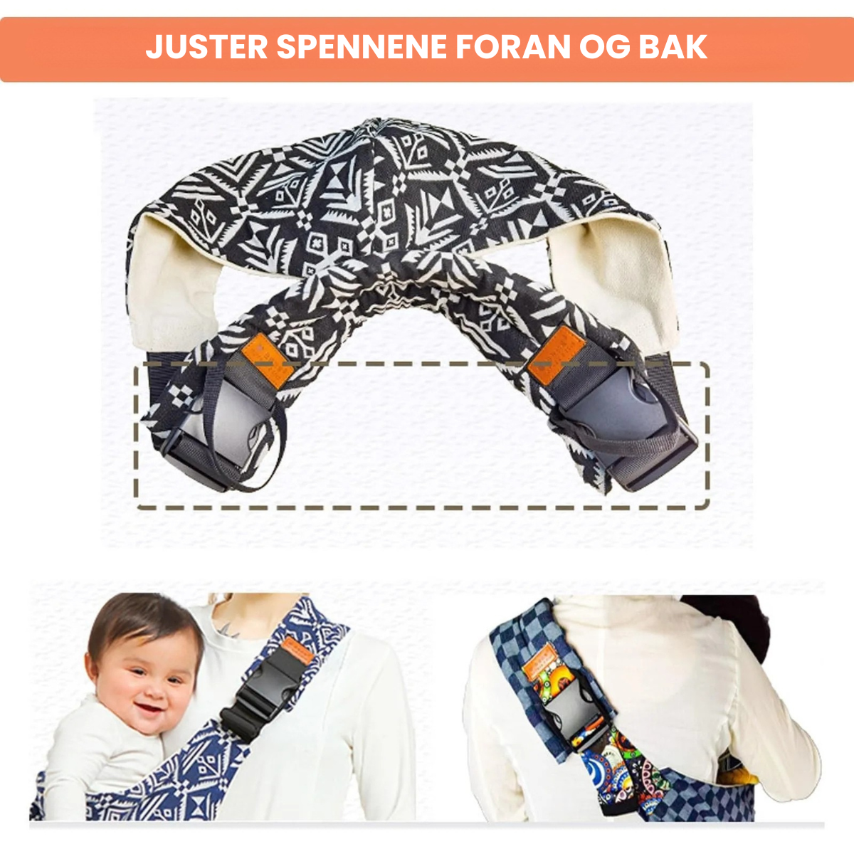 "Justerbar bæreslynge i pustende materiale for komfortabel bærehjelp av baby, med ergonomisk design og praktisk passform."