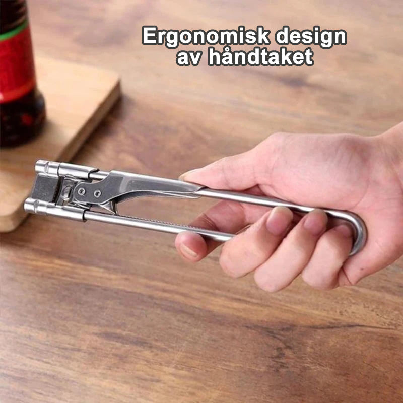 "Justerbar boksåpner i rustfritt stål med ergonomisk håndtak, skinnende overflate og moderne design for flasker i ulike størr