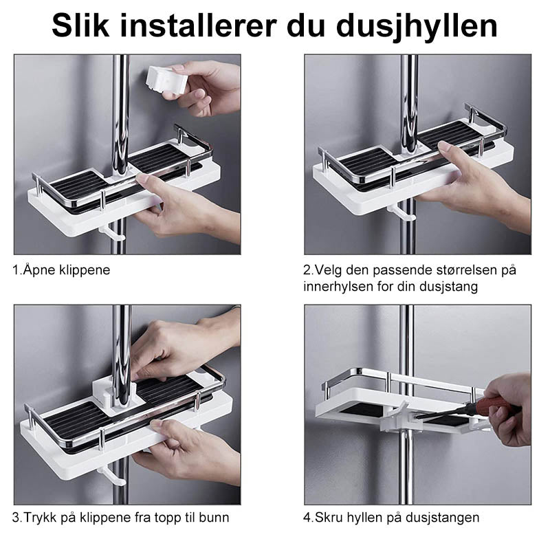 "Justerbar, rustbestandig dusjstang i stilren design for baderom; praktisk oppbevaring med moderne touch."