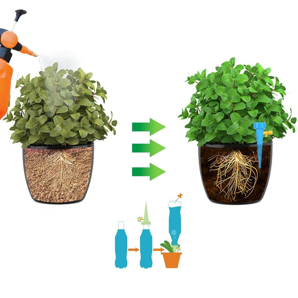 "Justerbar selv-vanningspig for planter, enkel vanning, justerbar ventil, grønn plast med vannstrømningskontroll."
