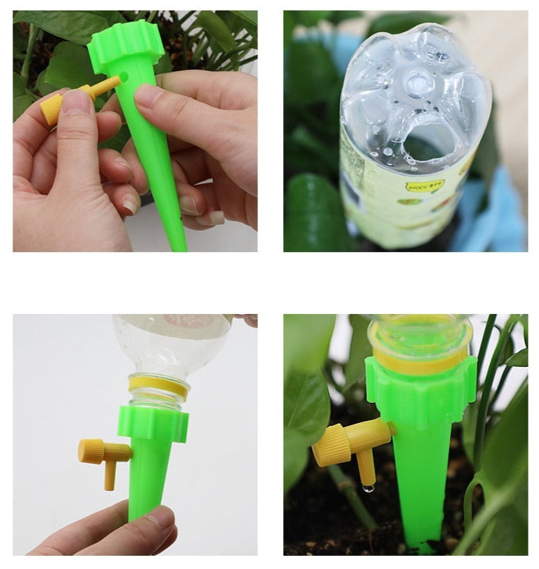 "Justerbar selv-vanningspig for planter, enkel vanning, justerbar ventil, grønn plast med vannstrømningskontroll."