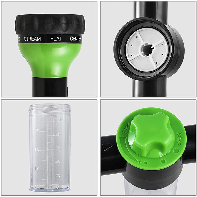 "Justerbar skum vaskepistol for bilrengjøring, grønn med svart, ergonomisk grip og gummidyse for tilpasning av spray."
