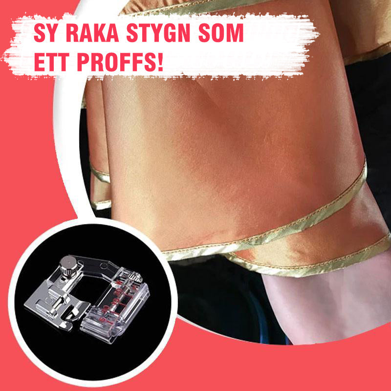 Justerbar symaskin trykkfot i metall og plast, universell passform, enkel snap-on montering, robust og slitesterk.