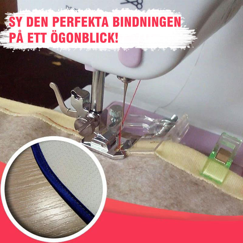 Justerbar symaskin trykkfot i metall og plast, universell passform, enkel snap-on montering, robust og slitesterk.
