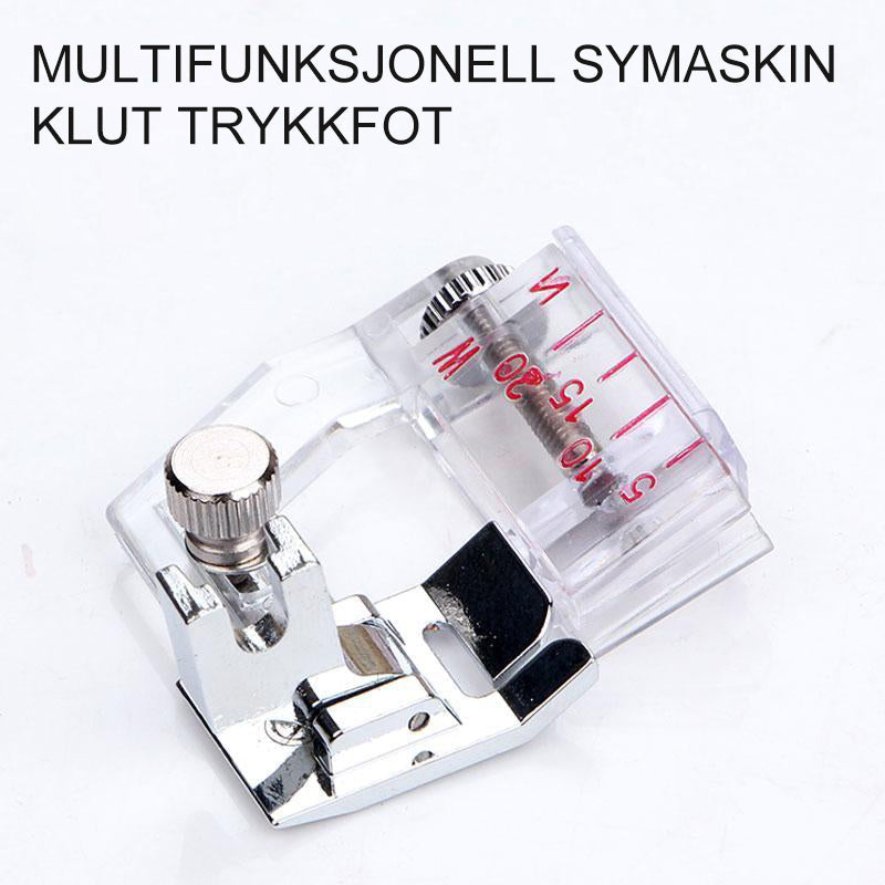 Justerbar symaskin trykkfot i metall og plast, universell passform, enkel snap-on montering, robust og slitesterk.