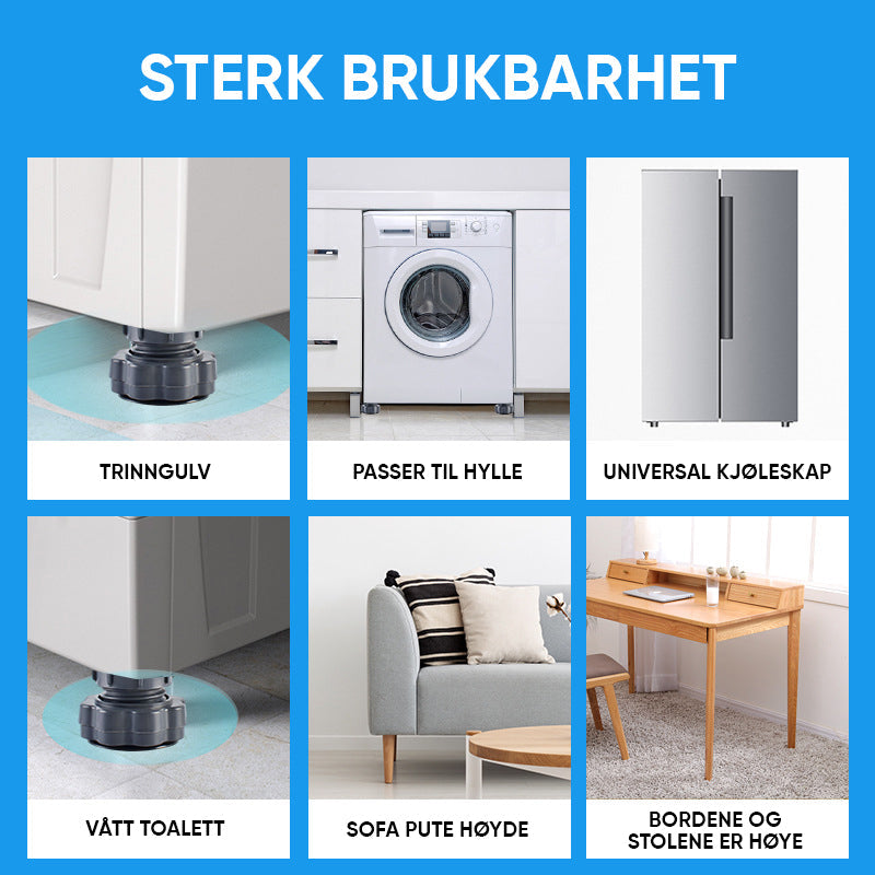 Justerbar vaskemaskinstøtte i grå TPU-gummi, reduserer støy og vibrasjon. Perfekt for stabilisering av apparater.
