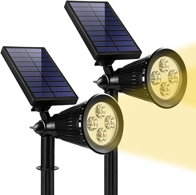 Solcelle hagespotlight som fremhever arkitektur og planter. Justerbart utebelysning for stemningsfullt landskap.
