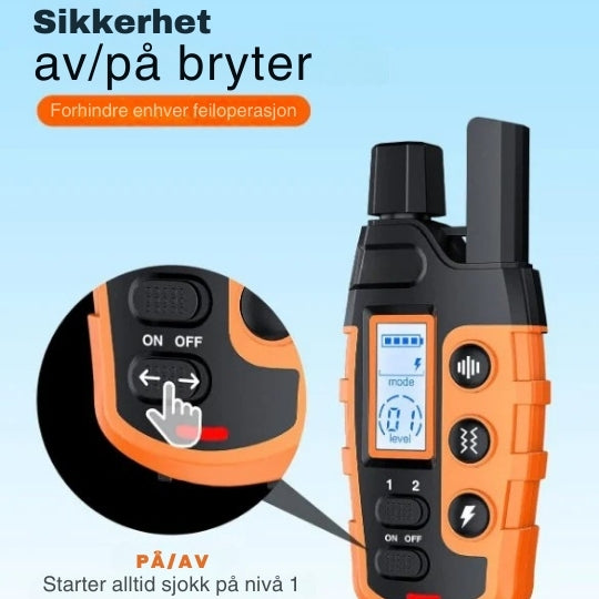 "Justérbart, svart fjernstyrt dressurhalsbånd med lang rekkevidde og solid, vanntett design for alle værforhold."