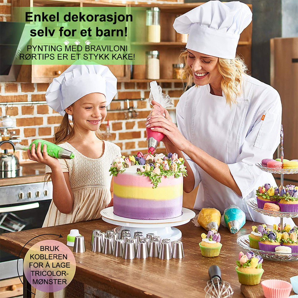 "Kakepyntsett med rustfrie ståltuter, 13 deler, inkludert rørpose og adapter, for å dekorere kaker, cupcakes og muffins."