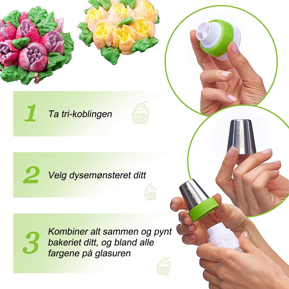 "Kakepyntsett med rustfrie ståltuter, 13 deler, inkludert rørpose og adapter, for å dekorere kaker, cupcakes og muffins."