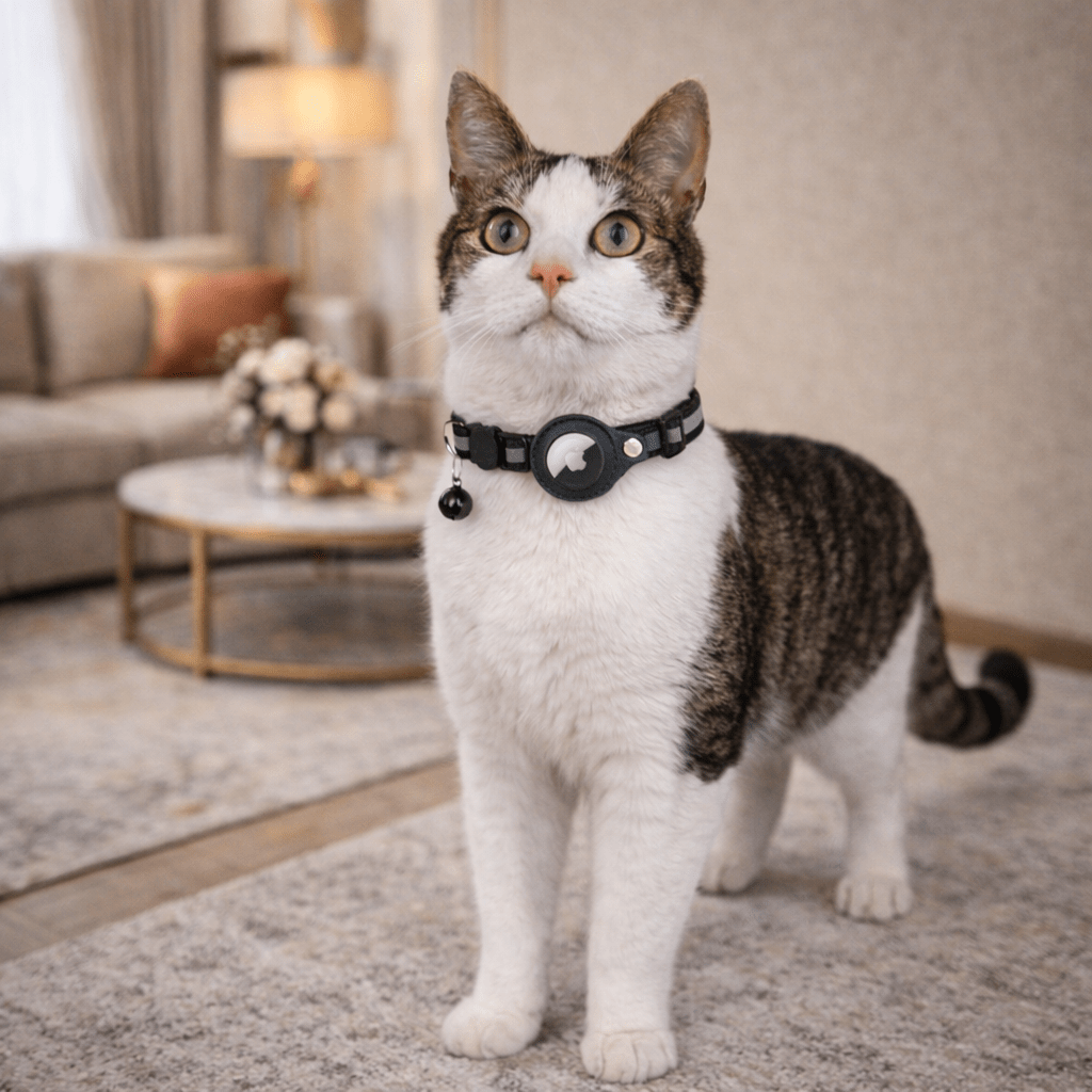 Justerbart katt halsbånd i svart nylon med GPS-holder og refleks for økt synlighet og sikkerhet.