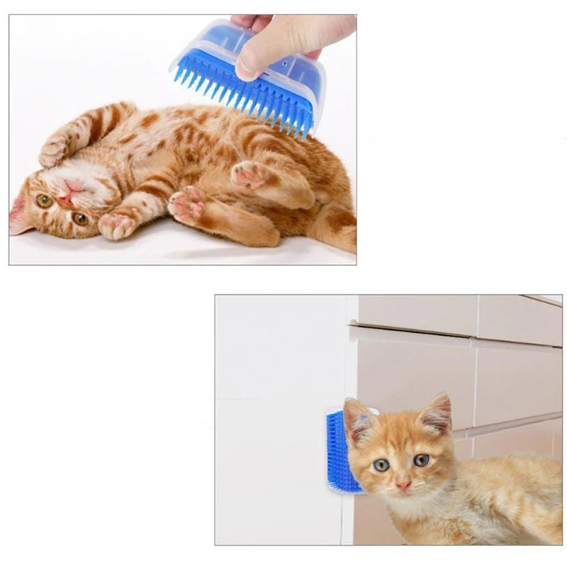 Kattens massasjebørste: blå, grå plast, myke børster. Enkel montering. Komfort, pleie for katter. Myk, miljøvennlig design.