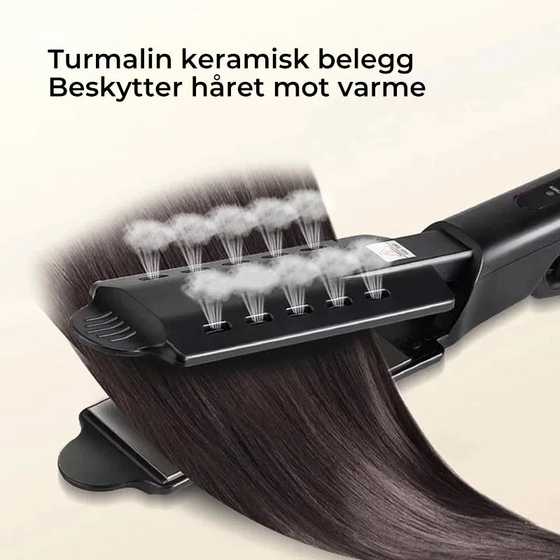 "Keramisk rettetang med turmalinbelegg, slank design, svart farge, ergonomisk håndtak, reduserer krus og beskytter hår."