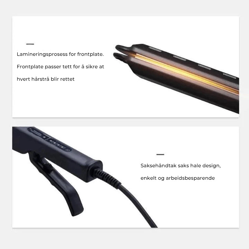 "Keramisk rettetang med turmalinbelegg, slank design, svart farge, ergonomisk håndtak, reduserer krus og beskytter hår."