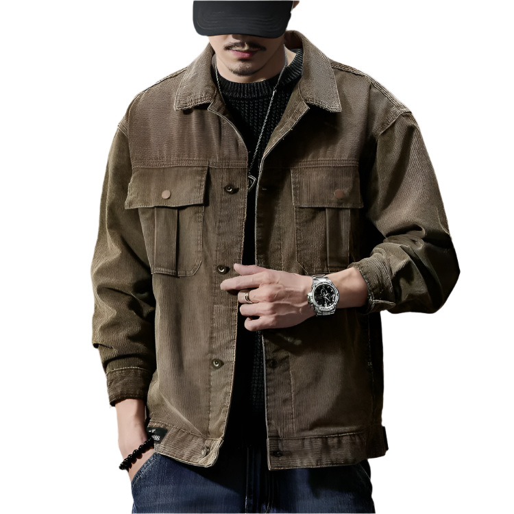Khaki herre corduroy jakke. Tidløs stil for høst og vinter, casual komfort.